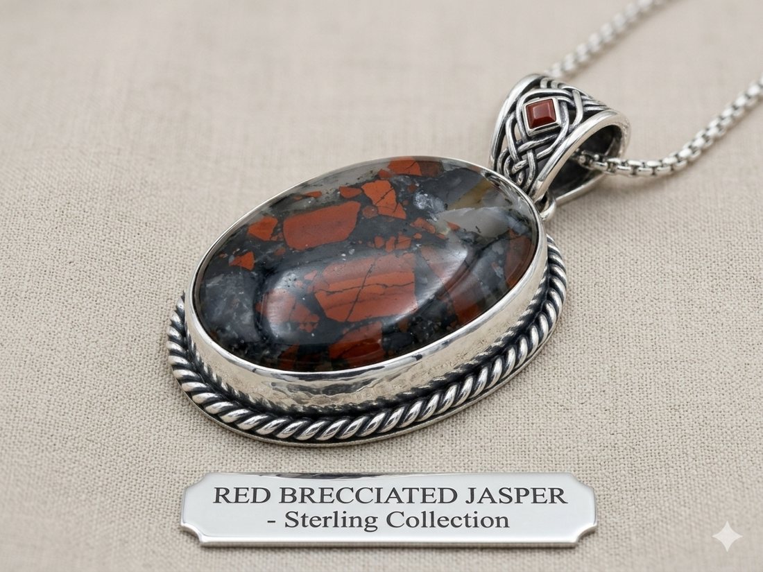 Red Brecciated Jasper Pendant, Red and black brecciated jasper in a rope-edge bezel