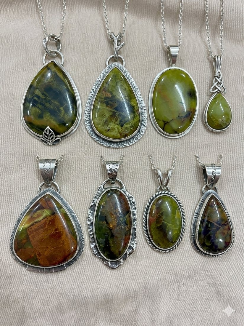 Olive Green Jasper Pendants, Olive, green and orange-brown jasper; teardrop, oval and bezel settings