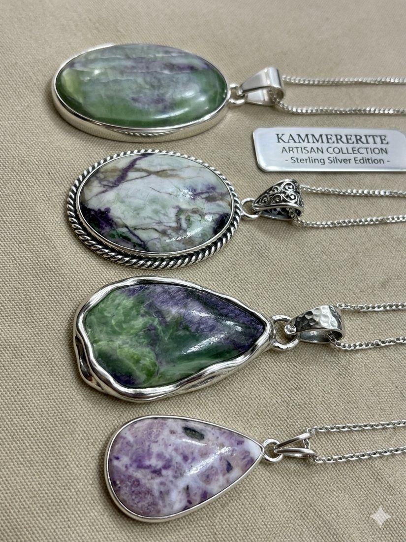Kammererite Pendants, Green and purple kammererite; oval, teardrop and wrapped settings