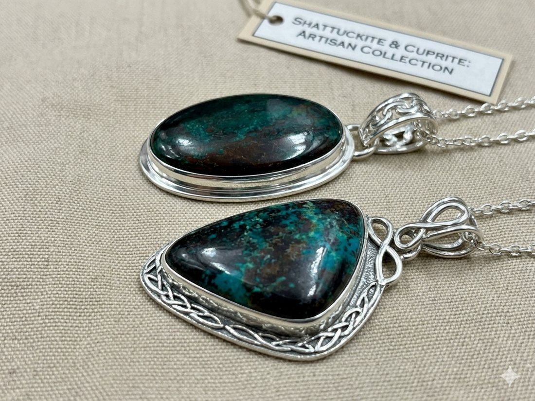 Shattuckite & Cuprite Pendants, Dark teal shattuckite with red cuprite flecks