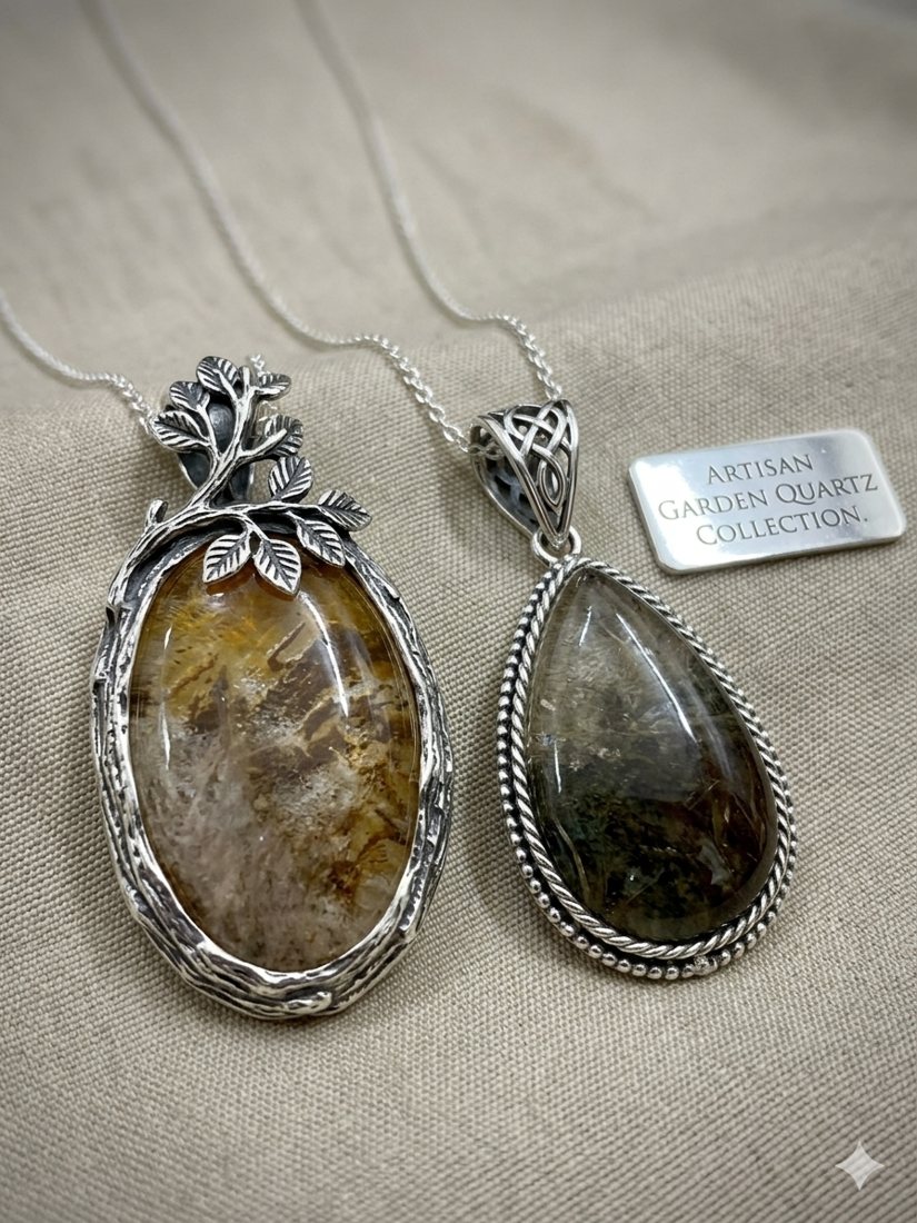 Garden Quartz Pendants, Garden (lodolite) quartz with natural mineral inclusions