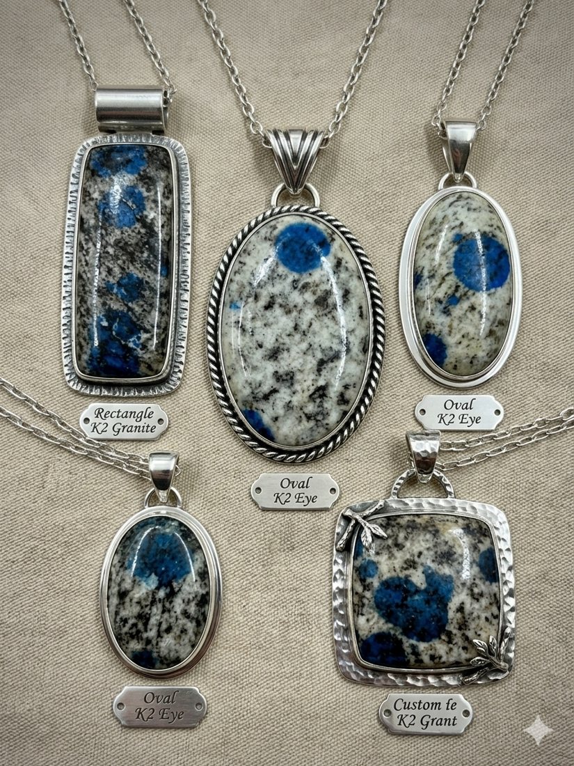 K2 Granite Pendants, Blue-spotted K2 granite; rectangle, oval and square settings