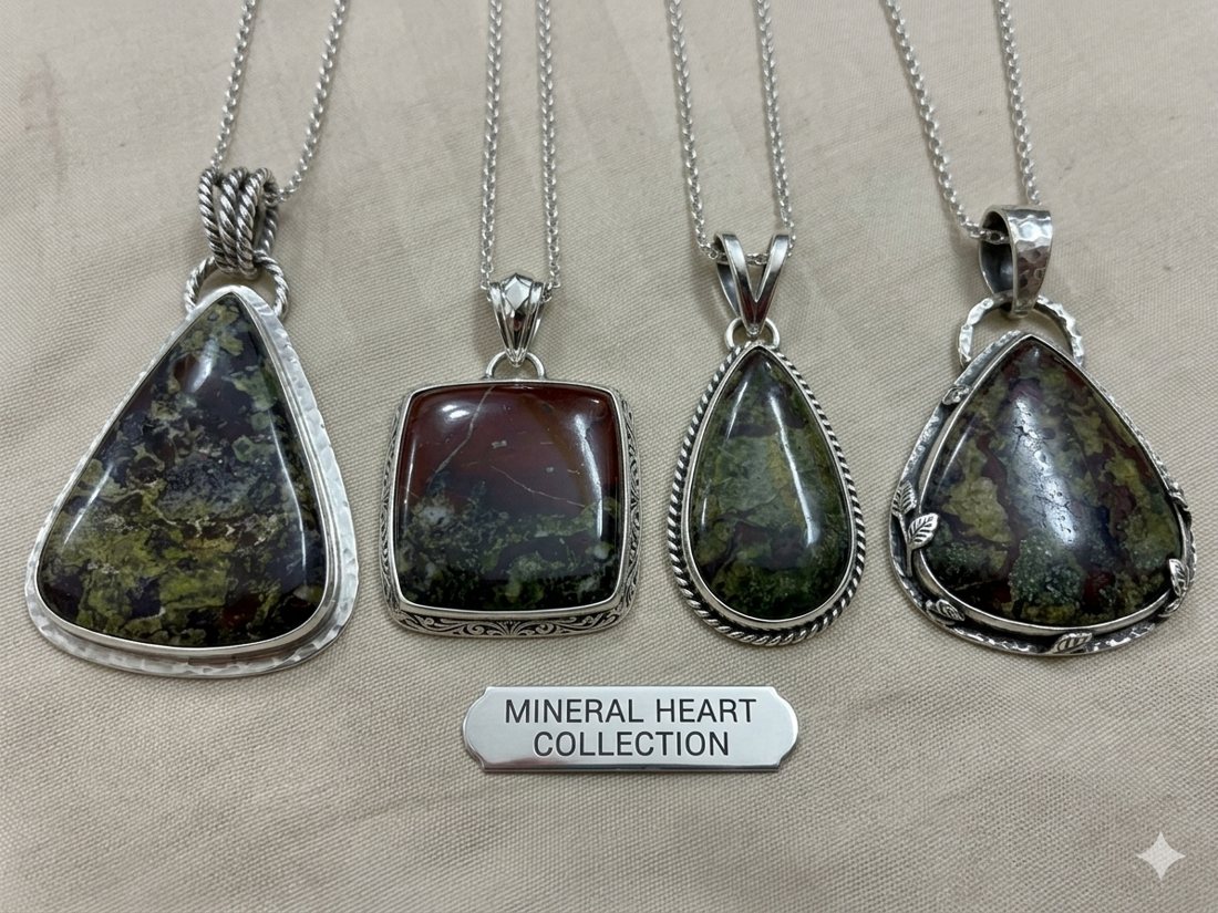 Mineral Heart Pendants, Dark green and red jasper; triangle, square and teardrop settings