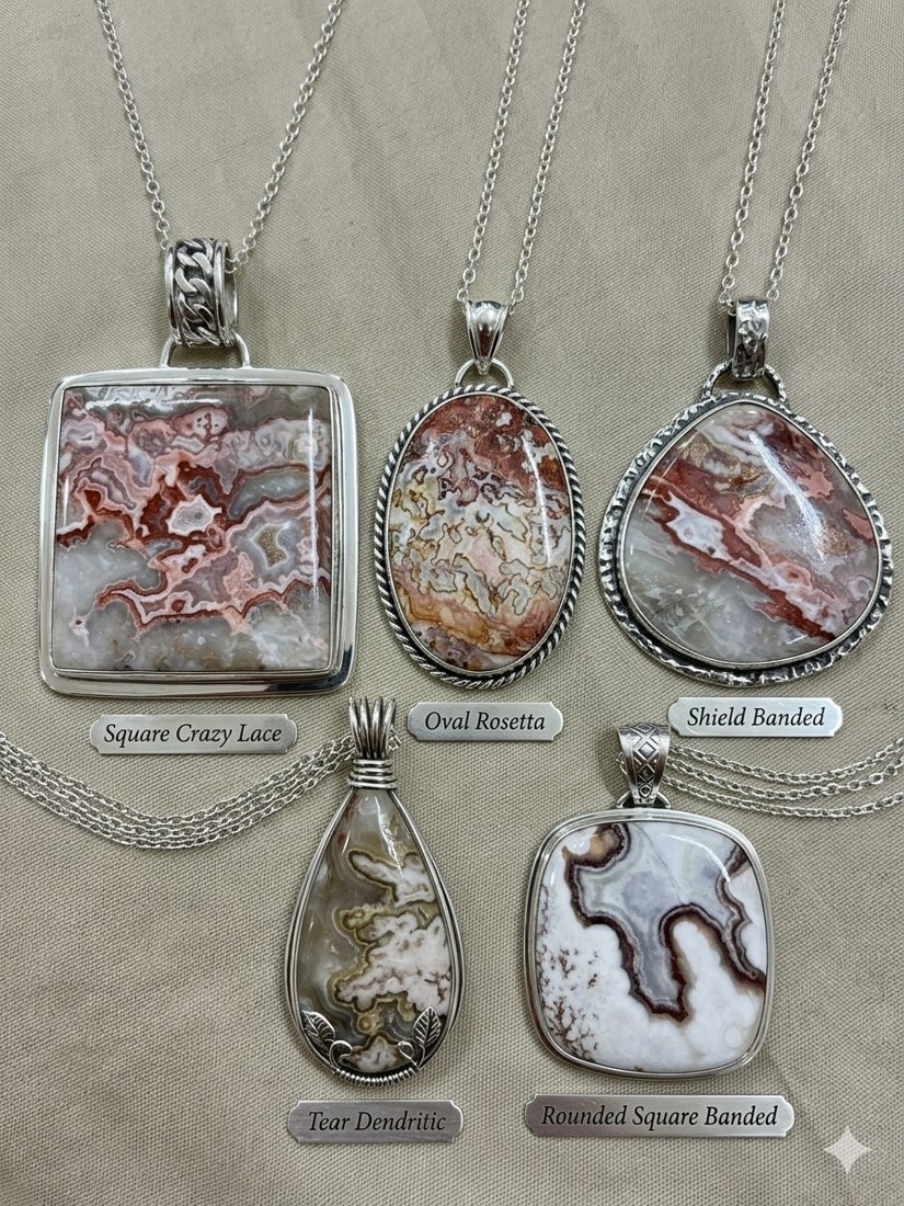 Crazy Lace Agate Pendants II, Pink, white and red crazy lace and banded agate; square, oval, shield and teardrop shapes