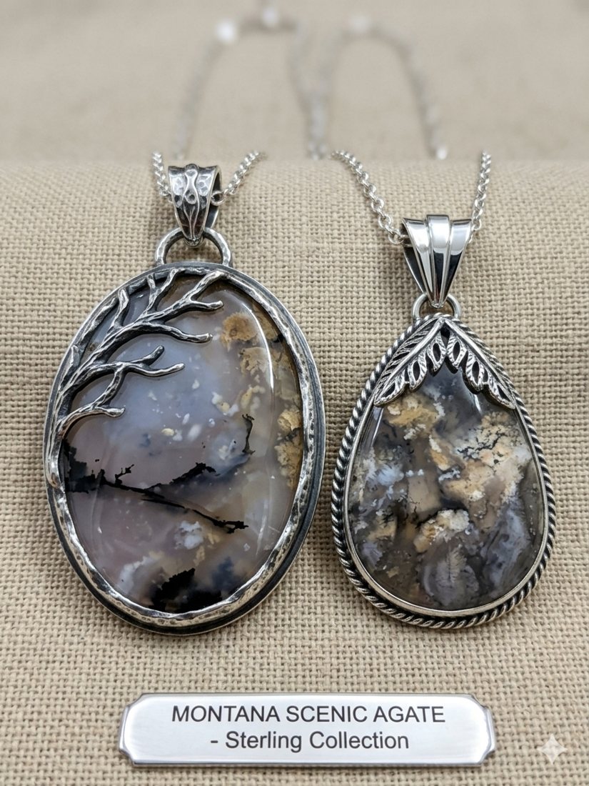 Montana Scenic Agate Pendants, Scenic agate with tree-like dendrites; oval and teardrop settings