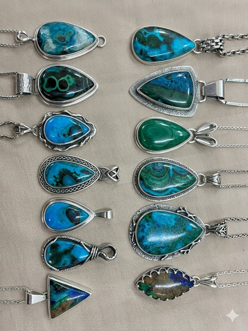 Chrysocolla, Malachite & Azurite Pendants, Blue and green chrysocolla, malachite and azurite; teardrop, triangle and leaf-edge settings
