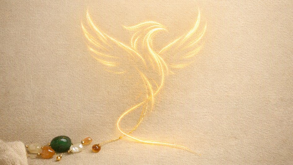 A phoenix drawn in glowing golden thread on linen, its tail ending in a string of gemstones