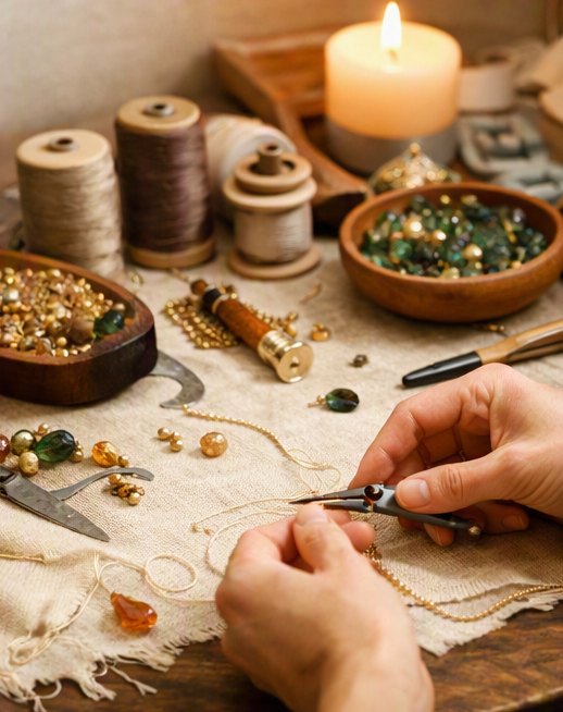 Hands threading gold beads with fine pliers, among spools of thread, a lit candle and bowls of green stones