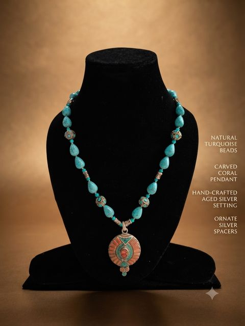 Turquoise Coral Pendant Necklace, Natural turquoise beads; carved coral pendant in aged silver