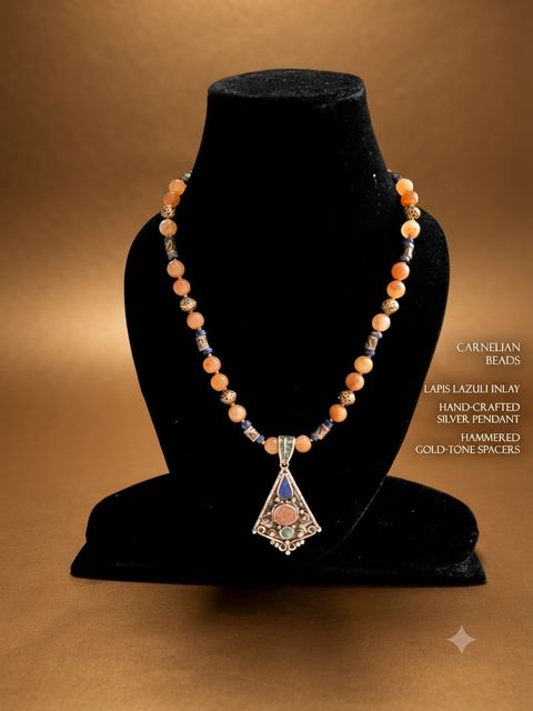 Carnelian Lapis Necklace, Carnelian beads; silver pendant with lapis lazuli inlay, hammered gold-tone spacers
