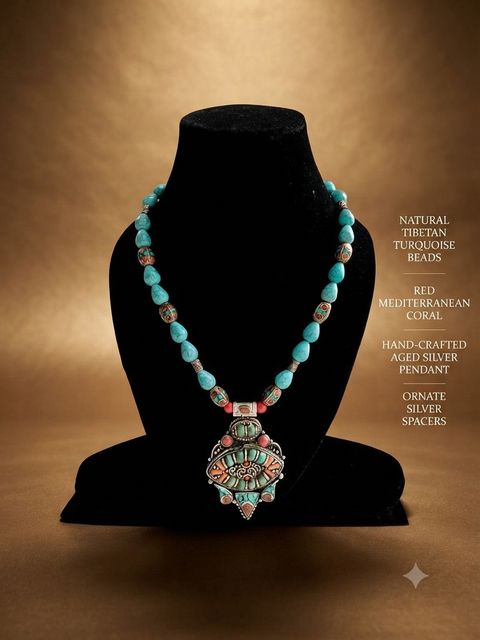 Tibetan Turquoise Coral Necklace II, Tibetan turquoise beads, red Mediterranean coral; aged silver pendant