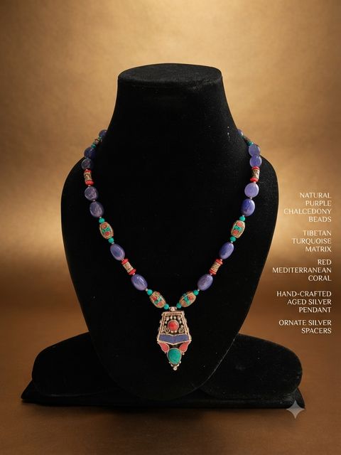 Purple Chalcedony Tibetan Necklace, Purple chalcedony beads, Tibetan turquoise matrix, red Mediterranean coral; aged silver pendant