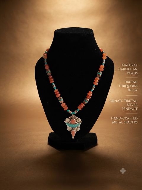 Carnelian Tibetan Silver Necklace, Carnelian beads, Tibetan turquoise inlay; ornate Tibetan silver pendant