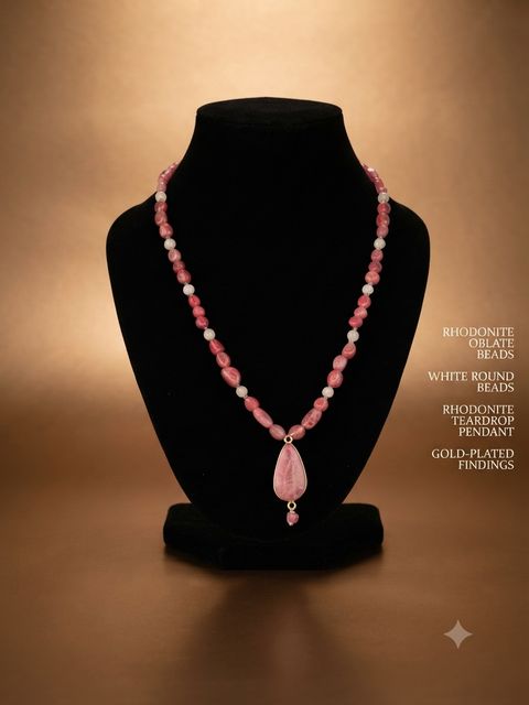 Rhodonite Teardrop Necklace, Rhodonite oblate beads, white round beads; rhodonite teardrop pendant