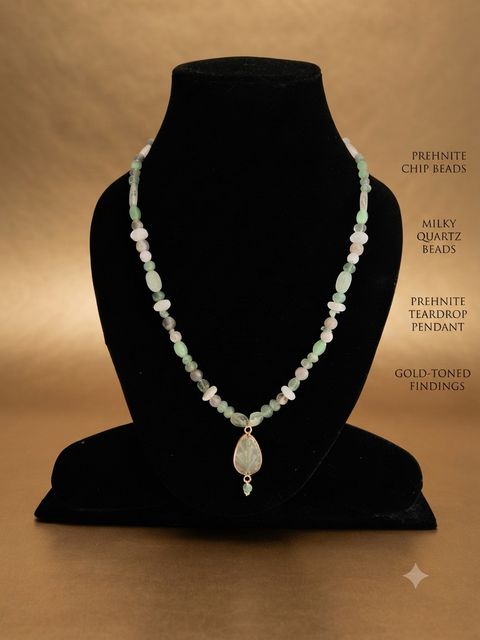 Prehnite Teardrop Necklace, Prehnite chips, milky quartz beads; prehnite teardrop pendant