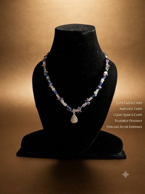 Lapis Chip Necklace, Lapis lazuli, amethyst and clear quartz chips; teardrop pendant