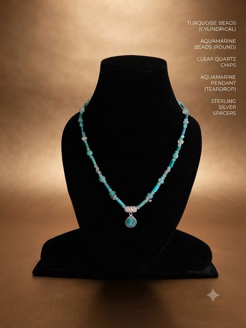 Turquoise Aquamarine Necklace, Turquoise and aquamarine beads, clear quartz chips; aquamarine teardrop pendant