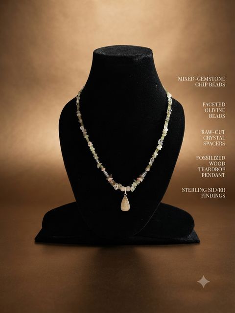 Fossilised Wood Necklace, Mixed-gemstone chips, faceted olivine beads, raw-cut crystal; fossilised wood teardrop pendant