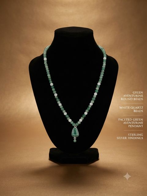 Green Aventurine Necklace, Green aventurine round beads, white quartz beads; faceted aventurine pendant