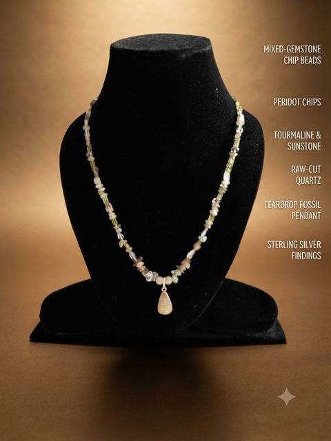 Peridot Chip Necklace, Peridot, tourmaline and sunstone chips, raw quartz; fossil teardrop pendant