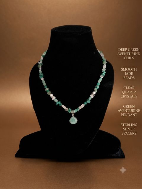 Aventurine Chip Necklace, Deep green aventurine chips, smooth jade beads, clear quartz; green aventurine pendant