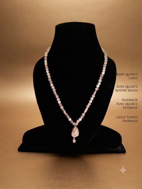 Rose Quartz Necklace, Rose quartz chips and round beads; rose quartz teardrop pendant