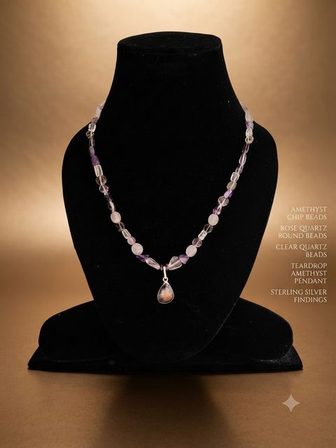 Amethyst Rose Quartz Necklace, Amethyst chips, rose quartz and clear quartz beads; amethyst teardrop pendant