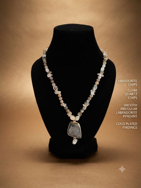 Labradorite Chip Necklace, Labradorite and clear quartz chips; smooth labradorite pendant