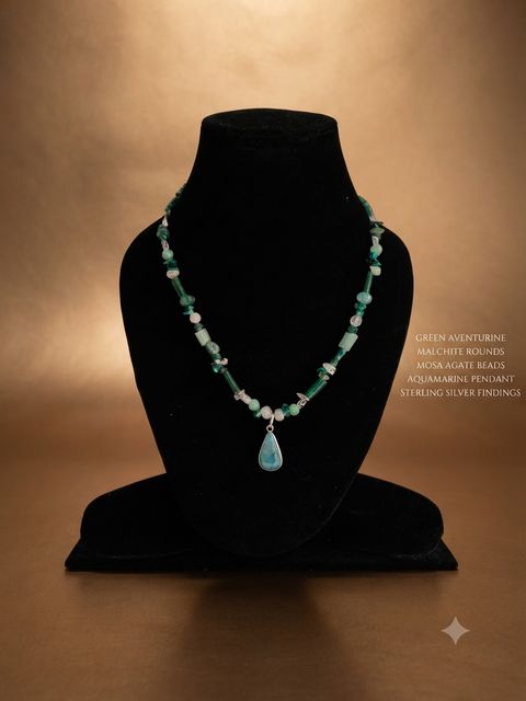 Aventurine Aquamarine Necklace, Green aventurine, malachite and moss agate beads; aquamarine pendant