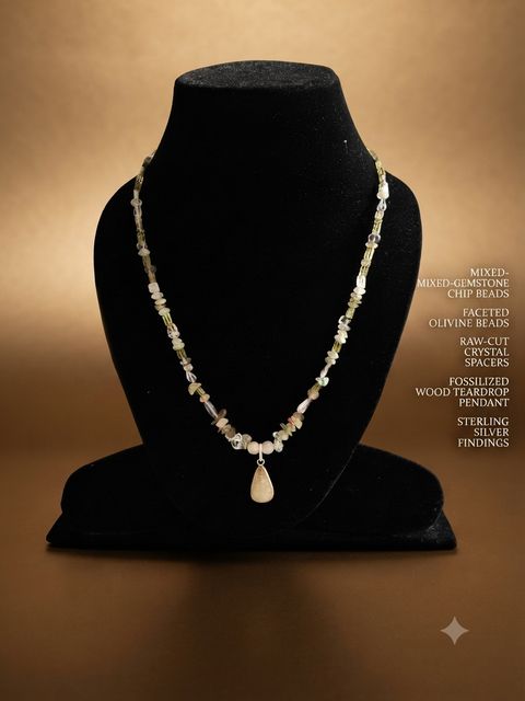 Fossilised Wood Necklace II, Mixed-gemstone chips, faceted olivine beads, raw-cut crystal; fossilised wood teardrop pendant