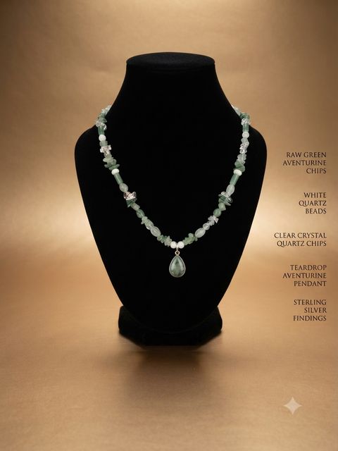 Raw Aventurine Necklace, Raw green aventurine chips, white quartz beads, clear quartz chips; aventurine teardrop pendant