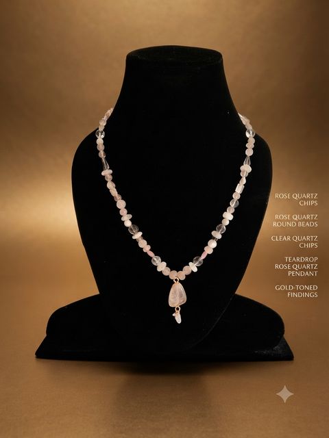 Rose Quartz Teardrop Necklace, Rose quartz chips and round beads, clear quartz chips; rose quartz teardrop pendant