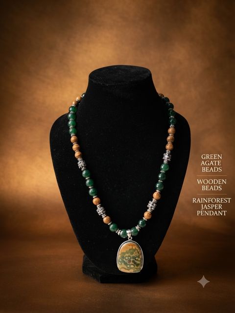 Rainforest Jasper Necklace, Green agate and wooden beads; rainforest jasper pendant