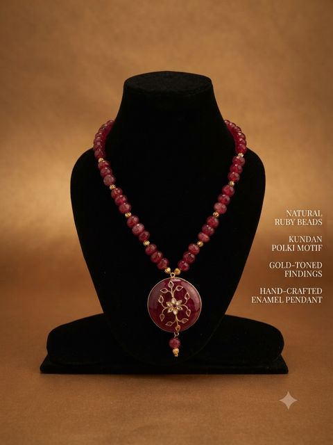 Ruby Bead Enamel Necklace, Natural ruby beads; hand-crafted enamel pendant with Kundan polki motif