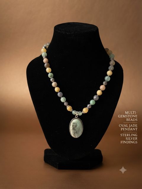 Oval Jade Necklace, Multi-gemstone beads; oval jade pendant