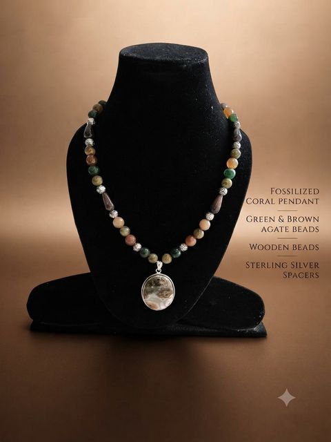 Fossil Coral Necklace, Green and brown agate beads, wooden beads; fossilised coral pendant