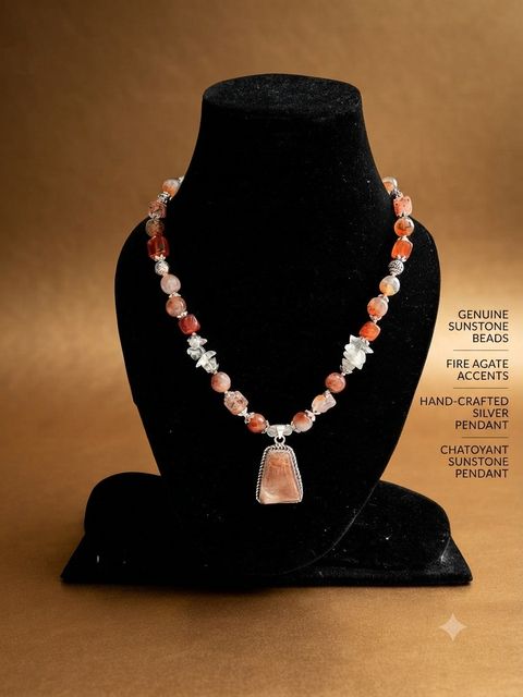 Sunstone Pendant Necklace, Sunstone beads, fire agate accents; chatoyant sunstone pendant