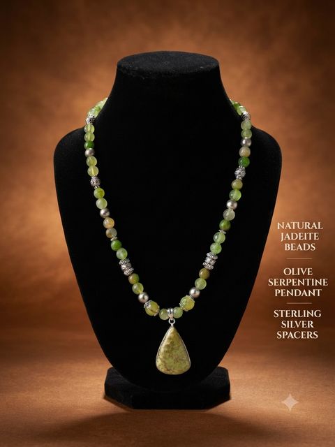 Jadeite Serpentine Necklace, Jadeite beads; olive serpentine pendant