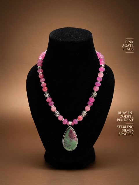 Ruby-in-Zoisite Necklace, Pink agate beads; ruby-in-zoisite pendant
