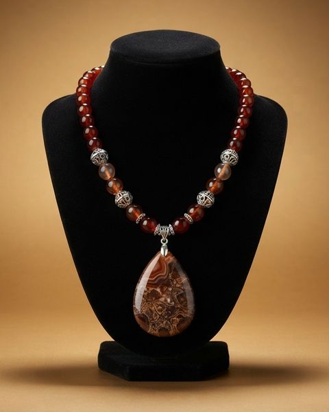 Carnelian Agate Necklace, Carnelian and fire agate beads; patterned agate pendant