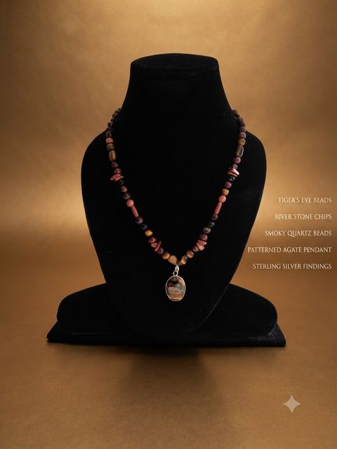 Tiger's Eye Necklace, Tiger's eye beads, river stone chips, smoky quartz; patterned agate pendant