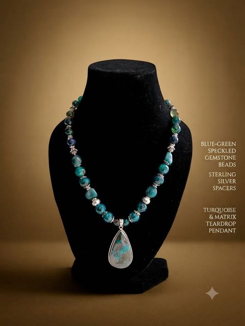 Turquoise Matrix Necklace, Blue-green speckled gemstone beads; turquoise and matrix teardrop pendant