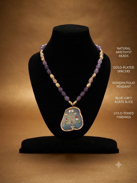 Amethyst Agate Slice Necklace, Amethyst beads, gold-plated spacers; agate slice pendant with Kundan polki setting
