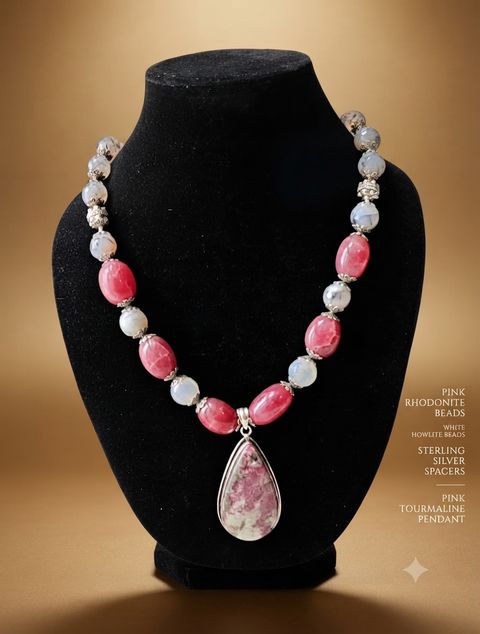 Rhodonite Statement Necklace, Pink rhodonite and white howlite beads; pink tourmaline pendant