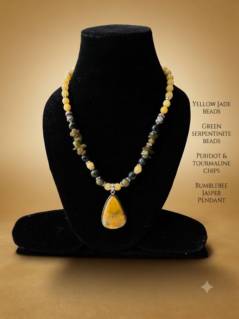 Bumblebee Jasper Necklace, Yellow jade and green serpentine beads, peridot and tourmaline chips; bumblebee jasper pendant