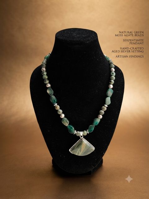 Serpentinite Pendant Necklace, Green moss agate beads; serpentinite pendant in aged silver