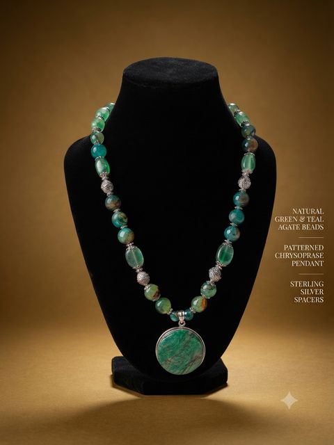 Chrysoprase Necklace, Green and teal agate beads; patterned chrysoprase pendant