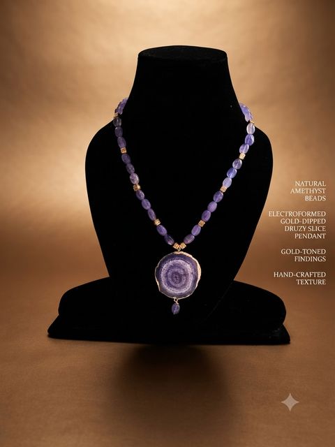 Amethyst Druzy Necklace, Amethyst beads; gold-dipped druzy slice pendant
