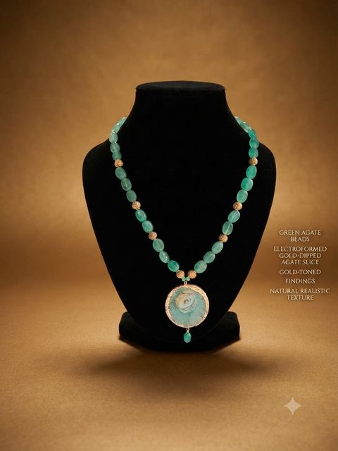 Green Agate Slice Necklace, Green agate beads; gold-dipped agate slice pendant