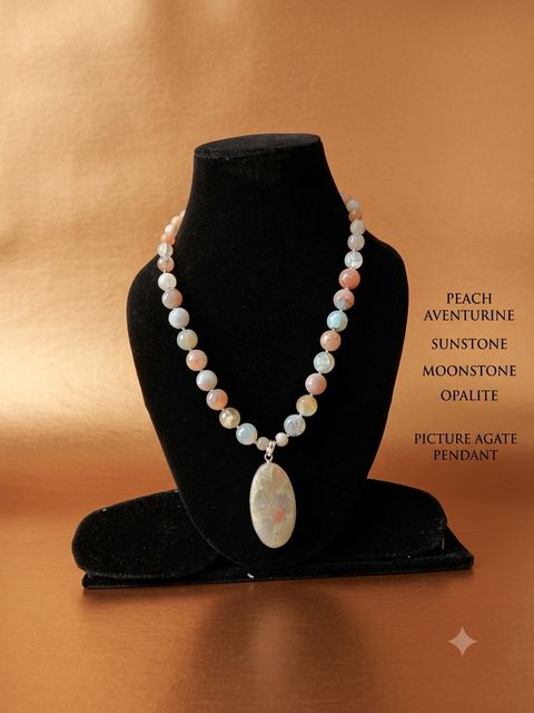 Picture Agate Necklace, Peach aventurine, sunstone, moonstone, opalite; picture agate pendant